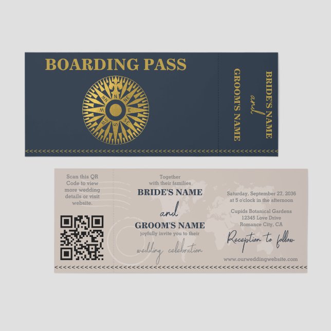 Compass Boarding Pass Wedding Invitation Raffle Tickets (Front/Back)