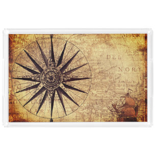 Compass Discovery Age World Map Vintage Acrylic Tray