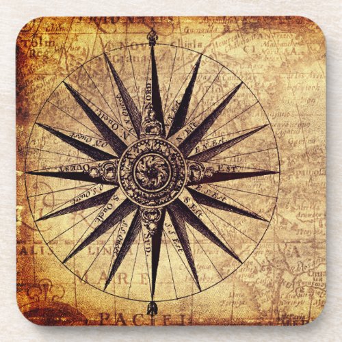 Compass Discovery Age World Map Vintage Beverage Coaster