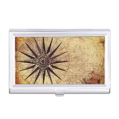 Compass Discovery Age World Map Vintage Business Card Case