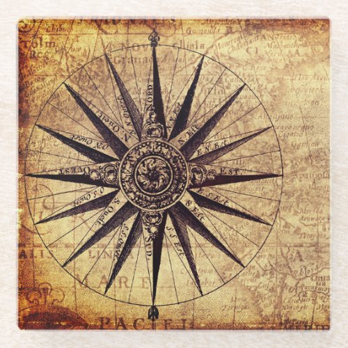 Compass Discovery Age World Map Vintage Glass Coaster