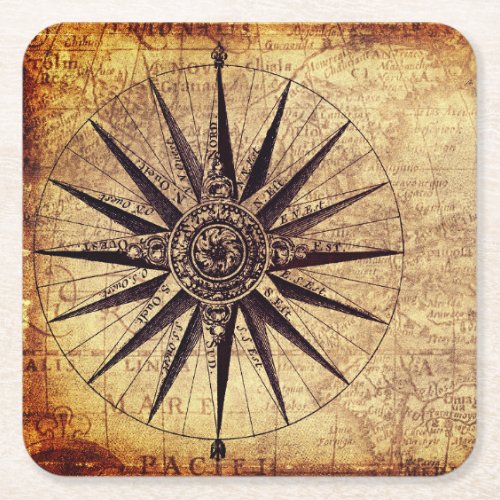 Compass Discovery Age World Map Vintage Square Paper Coaster