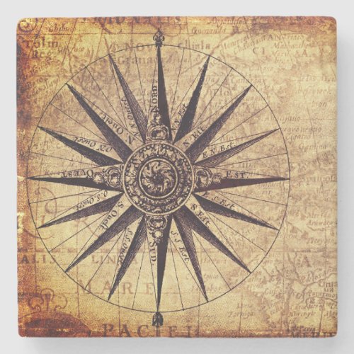 Compass Discovery Age World Map Vintage Stone Coaster