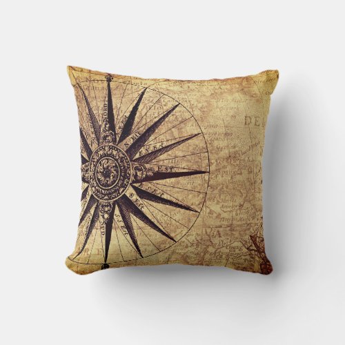 Compass Discovery Age World Map Vintage Throw Pillow