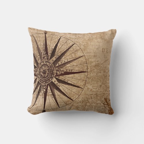 Compass Exploration Discovery Age World Map Throw Pillow