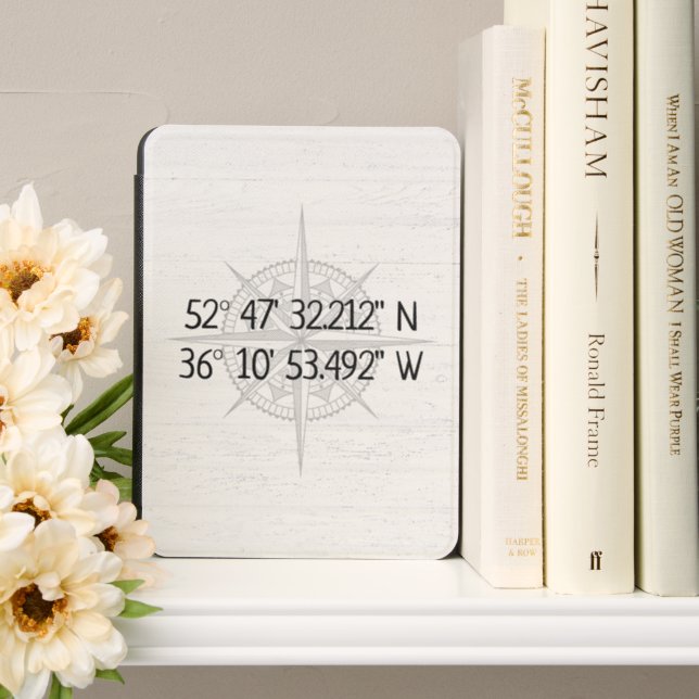 Compass GPS Home Coordinates Kindle Cover (In Use (Bookshelf))
