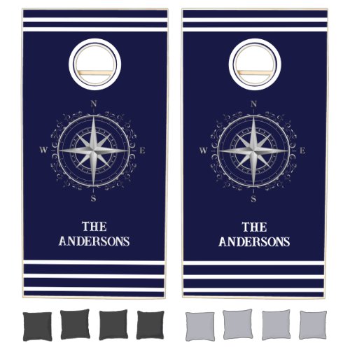 Compass Nautical Coastal White Navy Blue Cornhole Set