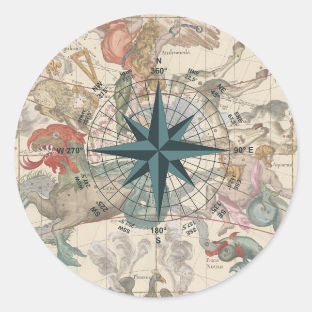 Compass on an Ancient Map Classic Round Sticker (Front)