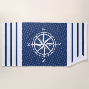 Compass on Blue with White Stripes Beach Towel