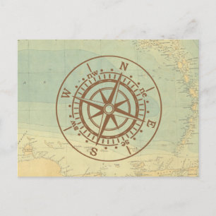 Compass on old map nautical travel postcard