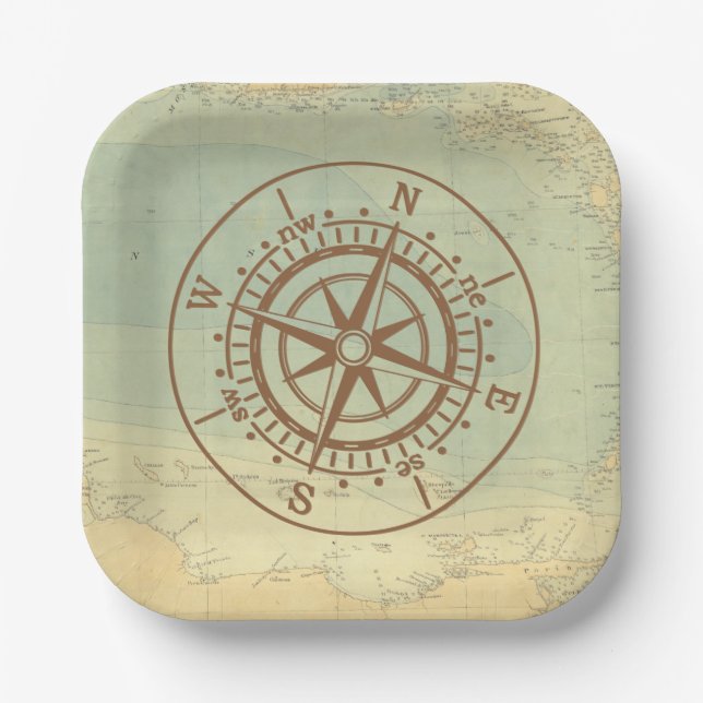 Compass on old map travel paper plates (Front)