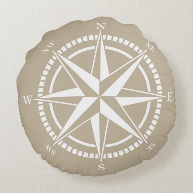 Compass Rose Beige Nautical Round Pillow (Back)