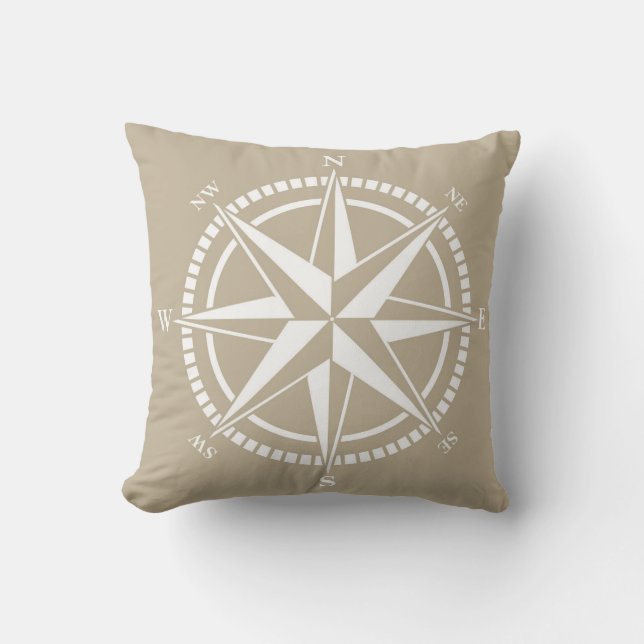 Compass Rose Beige Nautical Throw Pillow (Front)