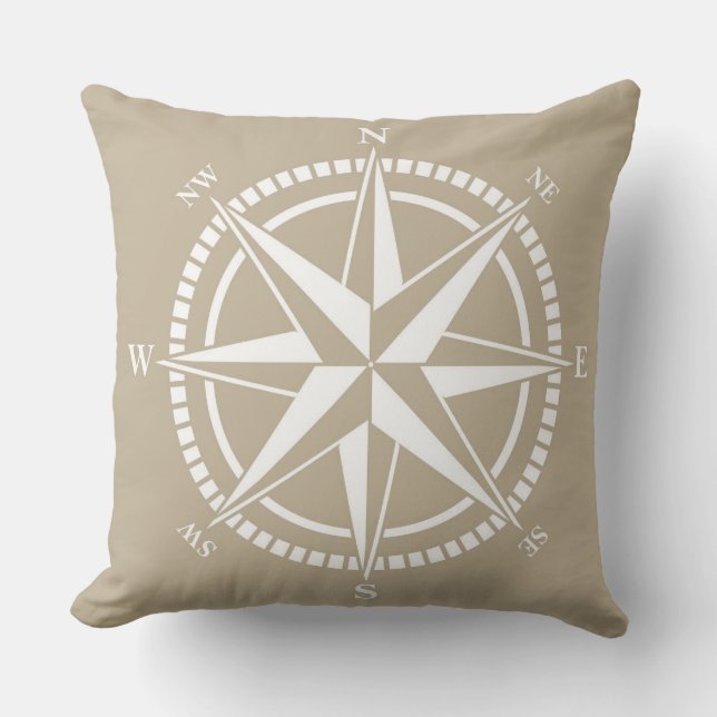 Compass Rose Beige Nautical Throw Pillow (Front)