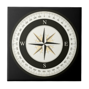 Compass Rose Black and White Nautical Ceramic Tile