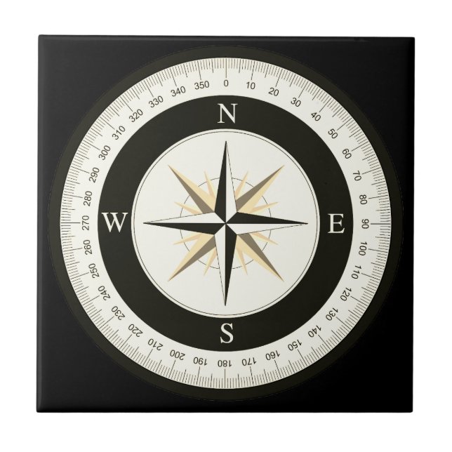 Compass Rose Black and White Nautical Ceramic Tile (Front)