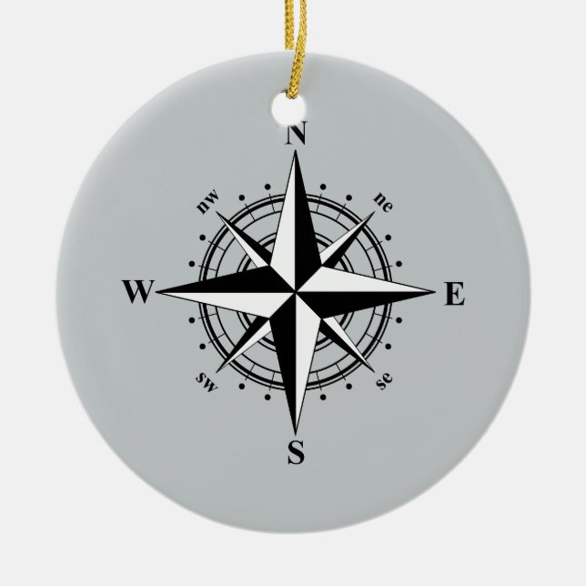 Compass Rose Black & White Ceramic Ornament (Front)