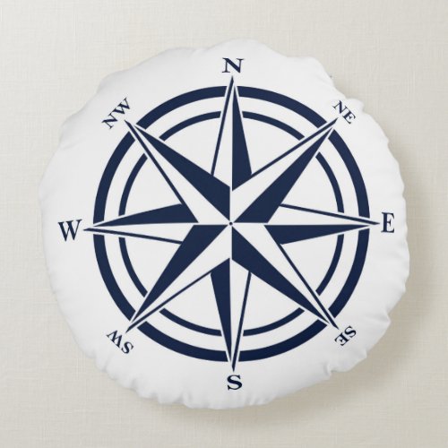 Compass Rose Blue Nautical Round Pillow