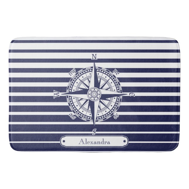 Compass Rose Blue Stripes Bathroom Mat (Front)