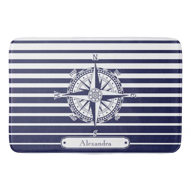 Compass Rose Blue Stripes Bathroom Mat 