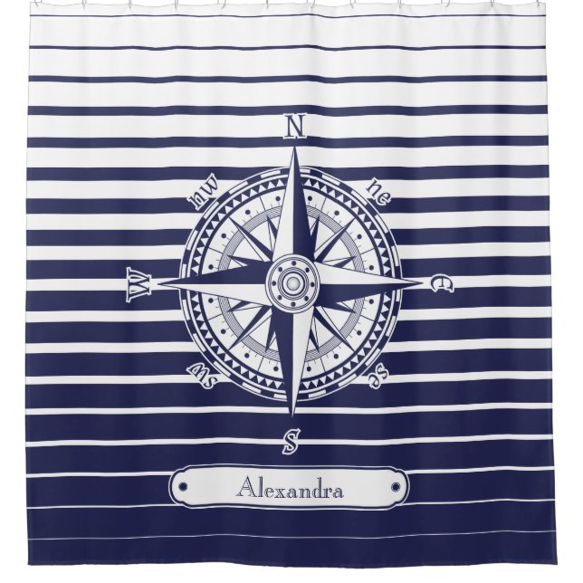 Compass Rose Blue Stripes Bathroom Shower Curtain (Front)