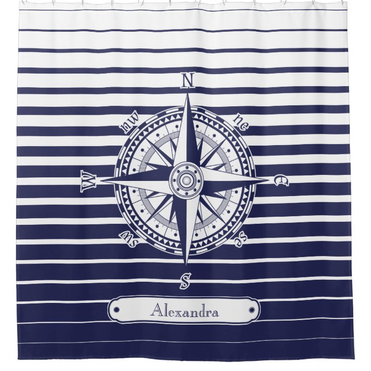 Compass Rose Blue Stripes Bathroom Shower Curtain | Zazzle