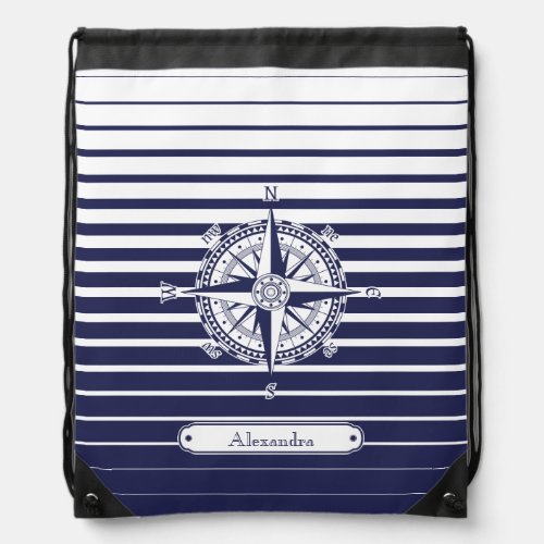 Compass Rose Blue Stripes Drawstring Bag