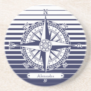 Compass Rose Blue Stripes Drink Coaster