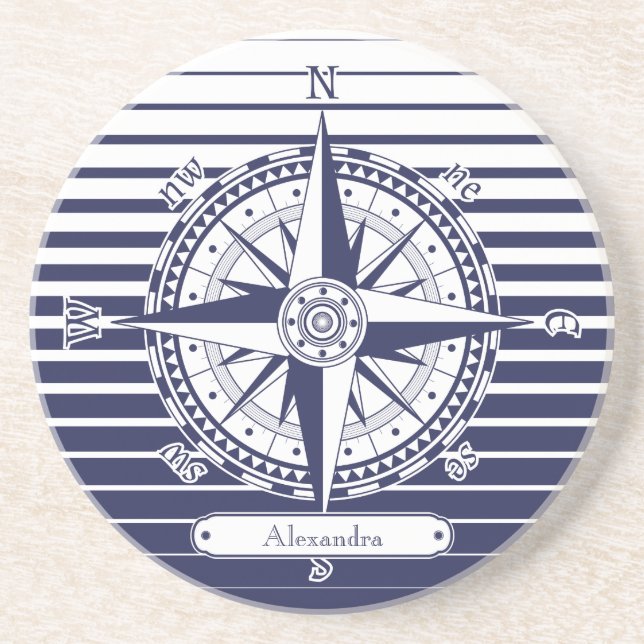 Compass Rose Blue Stripes Drink Coaster (Front)