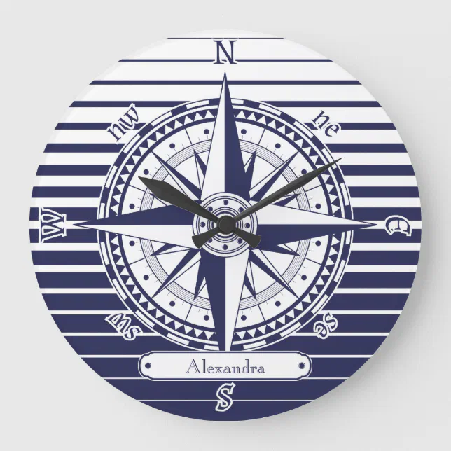 Compass Rose Blue Stripes Large Clock | Zazzle