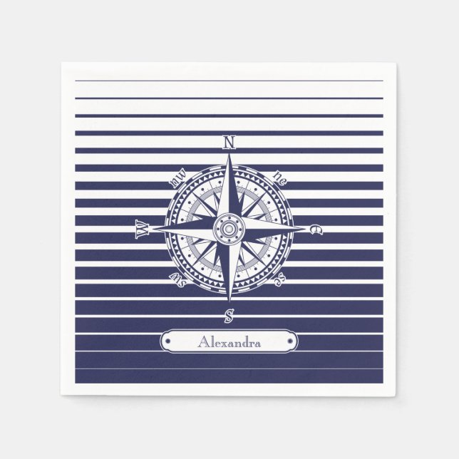 Compass Rose Blue Stripes Paper Napkins (Front)