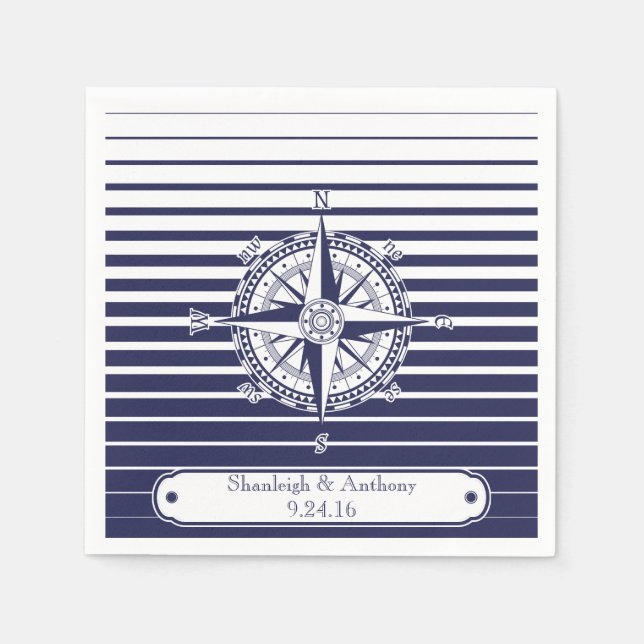 Compass Rose Blue Stripes Paper Napkins (Front)