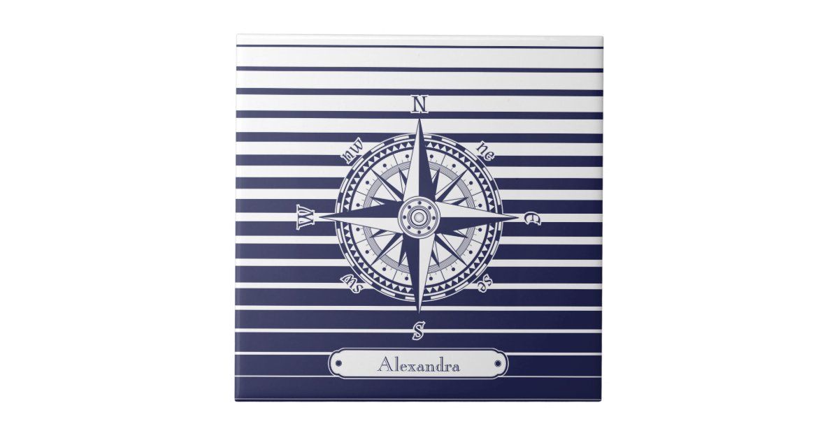 Compass Rose Blue Stripes Tile | Zazzle