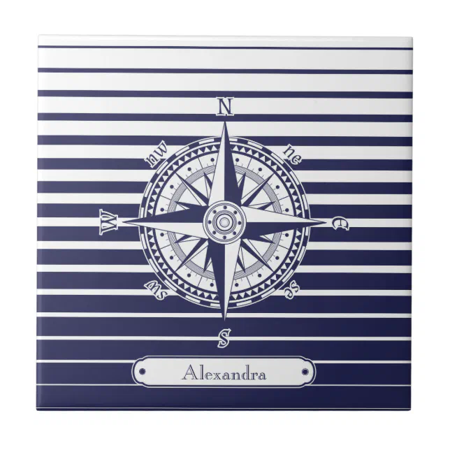 Compass Rose Blue Stripes Tile | Zazzle