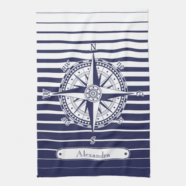 Compass Rose Blue Stripes Towel (Vertical)
