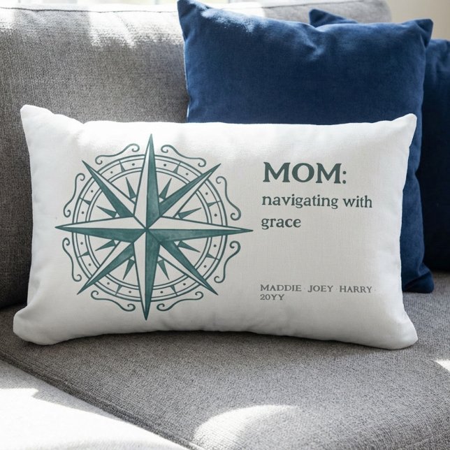 Compass Rose Mom Quote Nautical Heritage Lumbar Pillow (Nautical Mom pillow with Family Names - perfect for mother's day, birthday or just because!)