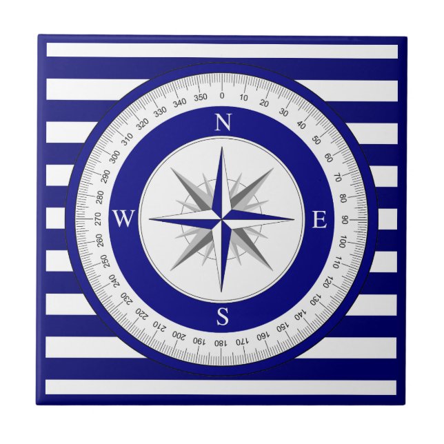 Compass Rose Nautical Blue and White Stripe Ceramic Tile (Front)
