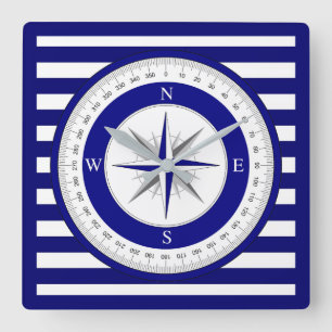 Compass Rose Nautical Blue and White Stripe Square Wall Clock