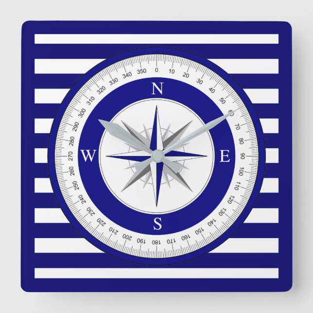 Compass Rose Nautical Blue and White Stripe Square Wall Clock (Front)