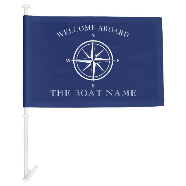 Compass Rose Nautical Boat Name Navy Blue Car Flag (Front)