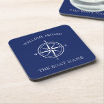 Compass Rose Nautical Boat Name Welcome Aboard Beverage Coaster<br><div class="desc">Add your boat’s name to these coasters that make it easy to entertain guests aboard your new sailboat. The nautical design features a compass rose,  with a navy blue background. *Please contact me if you need help with this design or would like matching products.</div>
