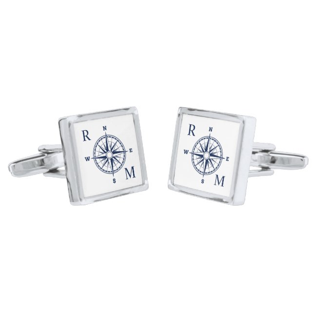 Compass Rose Nautical Monogram Cufflinks (Angled)