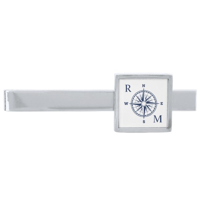 Compass Rose Nautical Monogram Silver Finish Tie Bar (Front)