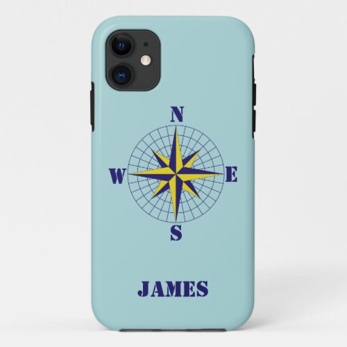 Compass Rose Navy and Gold with Name Nautical iPhone 11 Case