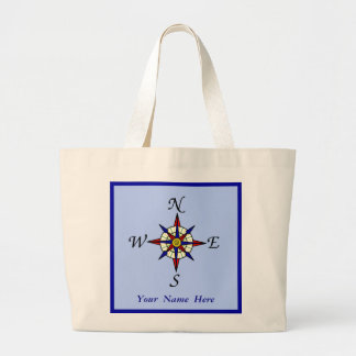Compass Rose Personalized Blue Large Tote Bag