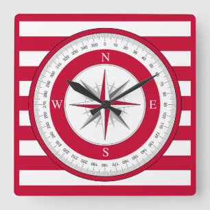 Compass Rose Red and White Stripes Square Wall Clock