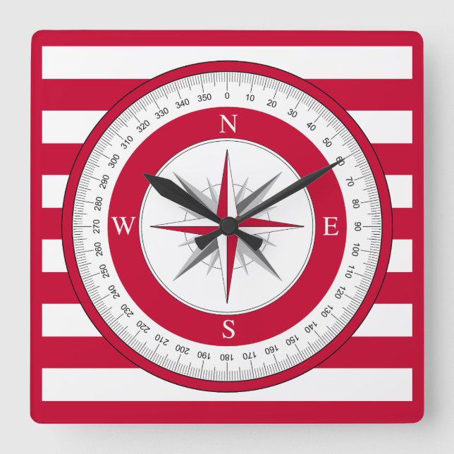 Compass Rose Red and White Stripes Square Wall Clock (Front)