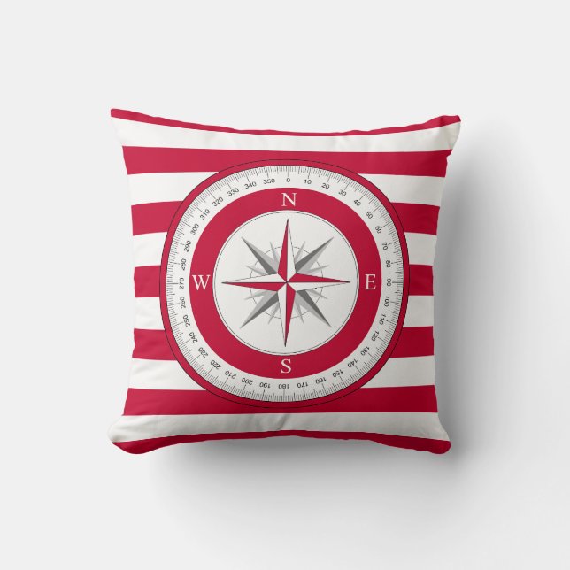 Compass Rose Red and White Stripes Throw Pillow (Front)