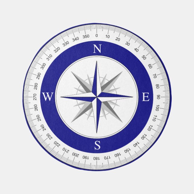 Compass Rose Rug Blue White Nautical Round Carpet (Front)
