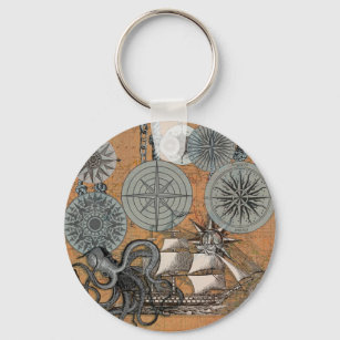 Compass Rose Vintage Nautical Octopus Keychain